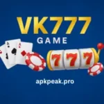 VK777 Game feature image with slot machine, poker chips, and playing cards on a blue background.